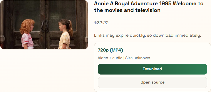 Analyze result page showing a live thumbnail and the top download button for the returned format.